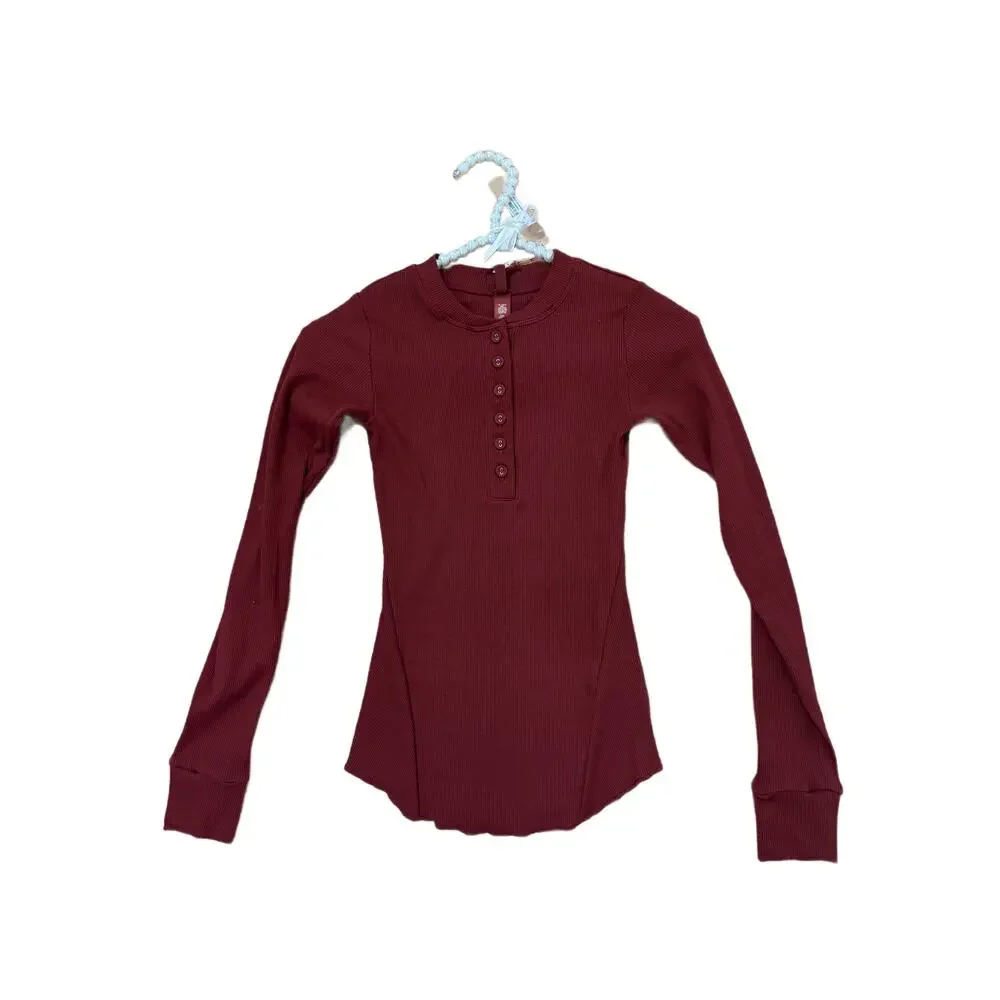 SKIMS Size XXS Cotton Rib Long Sleeve Henley Sangria Ribbed Shirt NWT - Picture 3 of 5